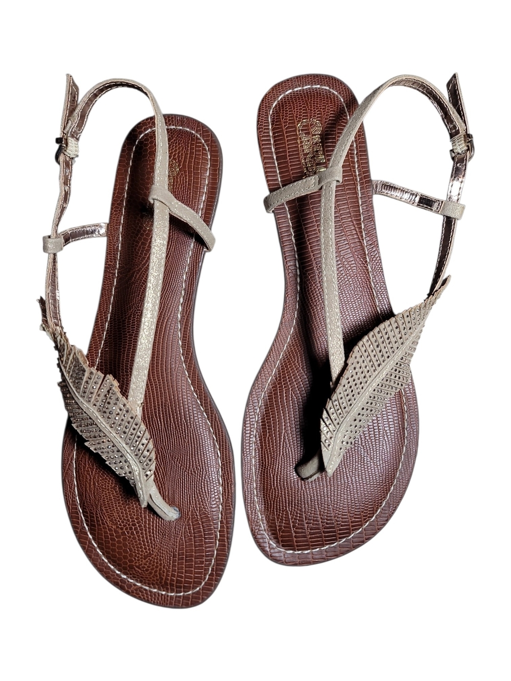 Carlos Sandals 8.5 Women’s Feather Design Metallic Beige tiny rhinestones